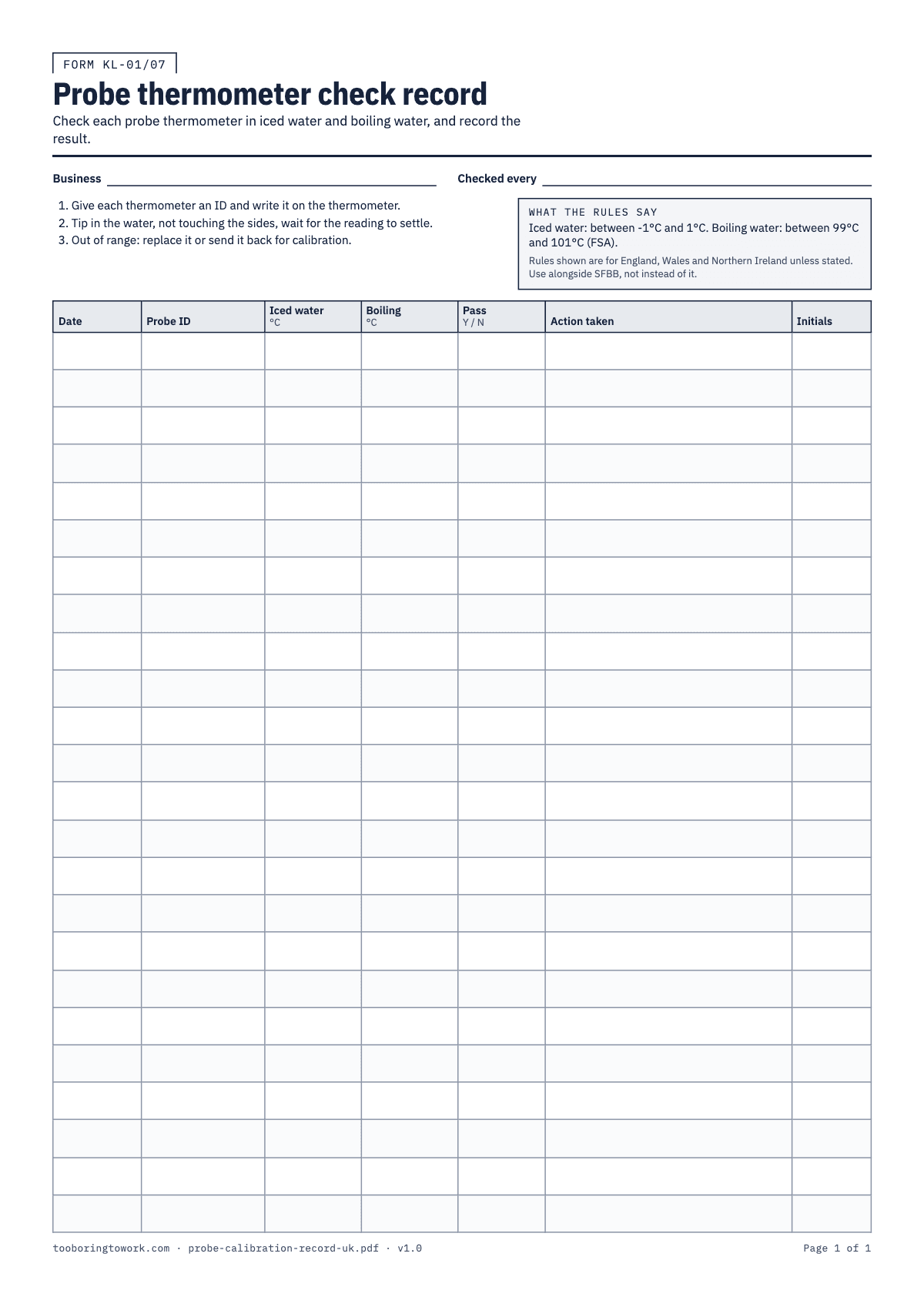 Probe Thermometer Check Record, A4 printable PDF preview