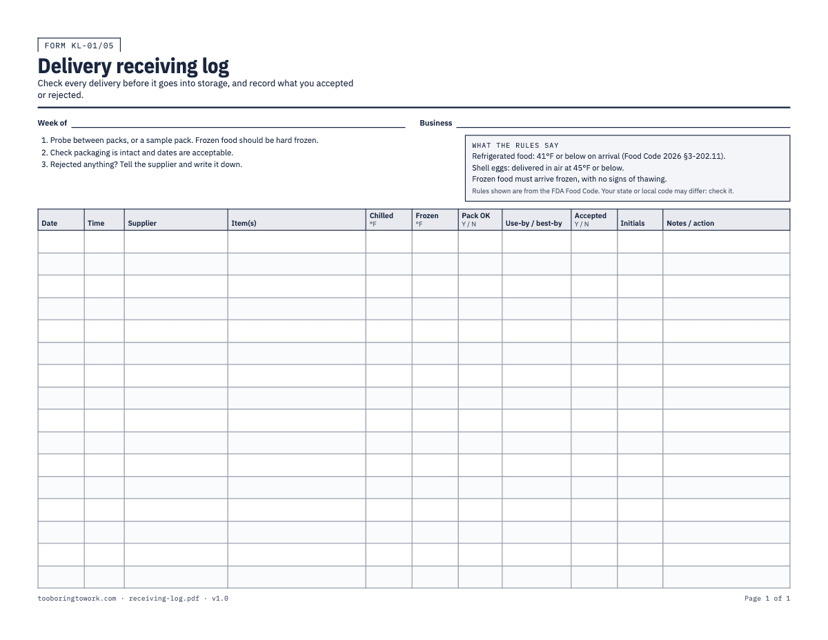 Delivery Receiving Log, Letter printable PDF preview