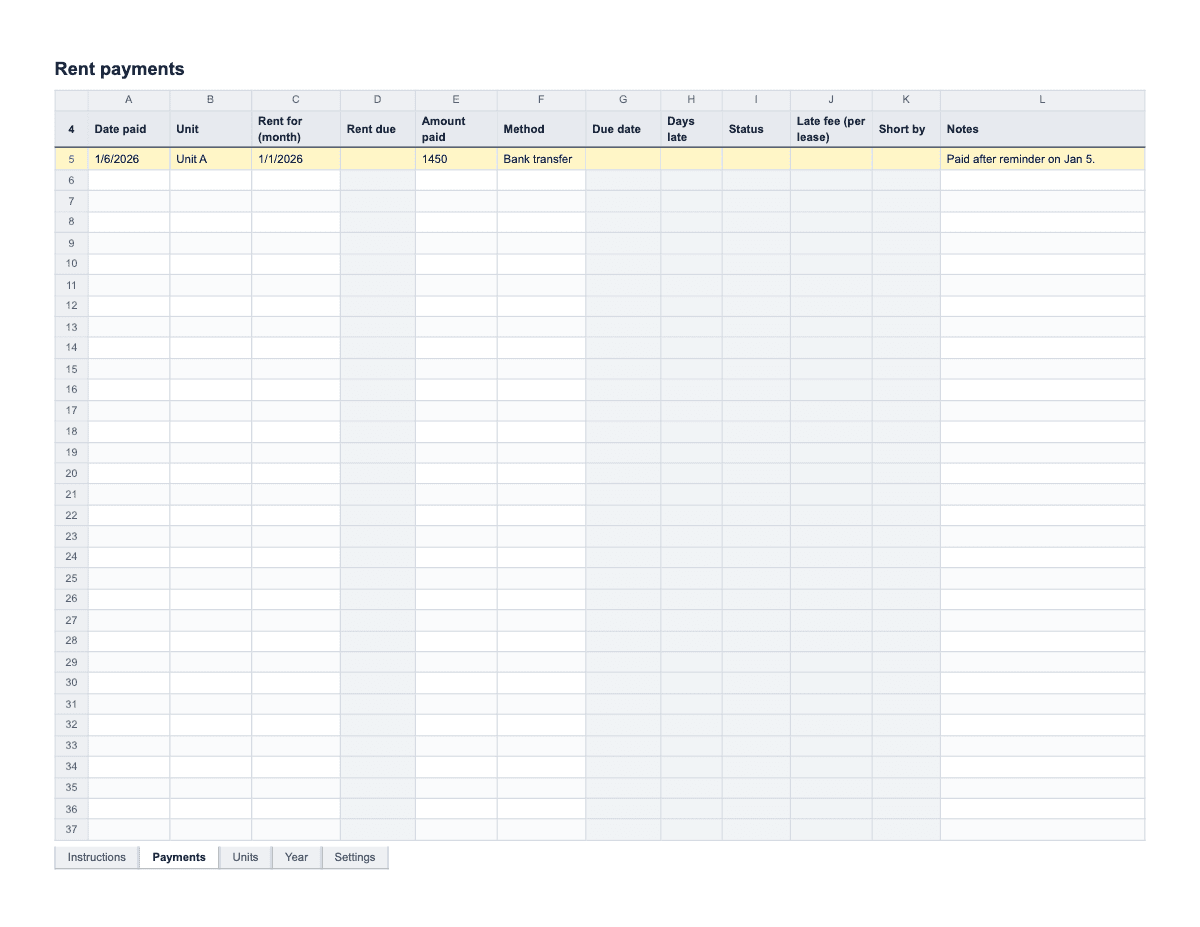 Rent Ledger for 1–4 Units, Letter spreadsheet preview