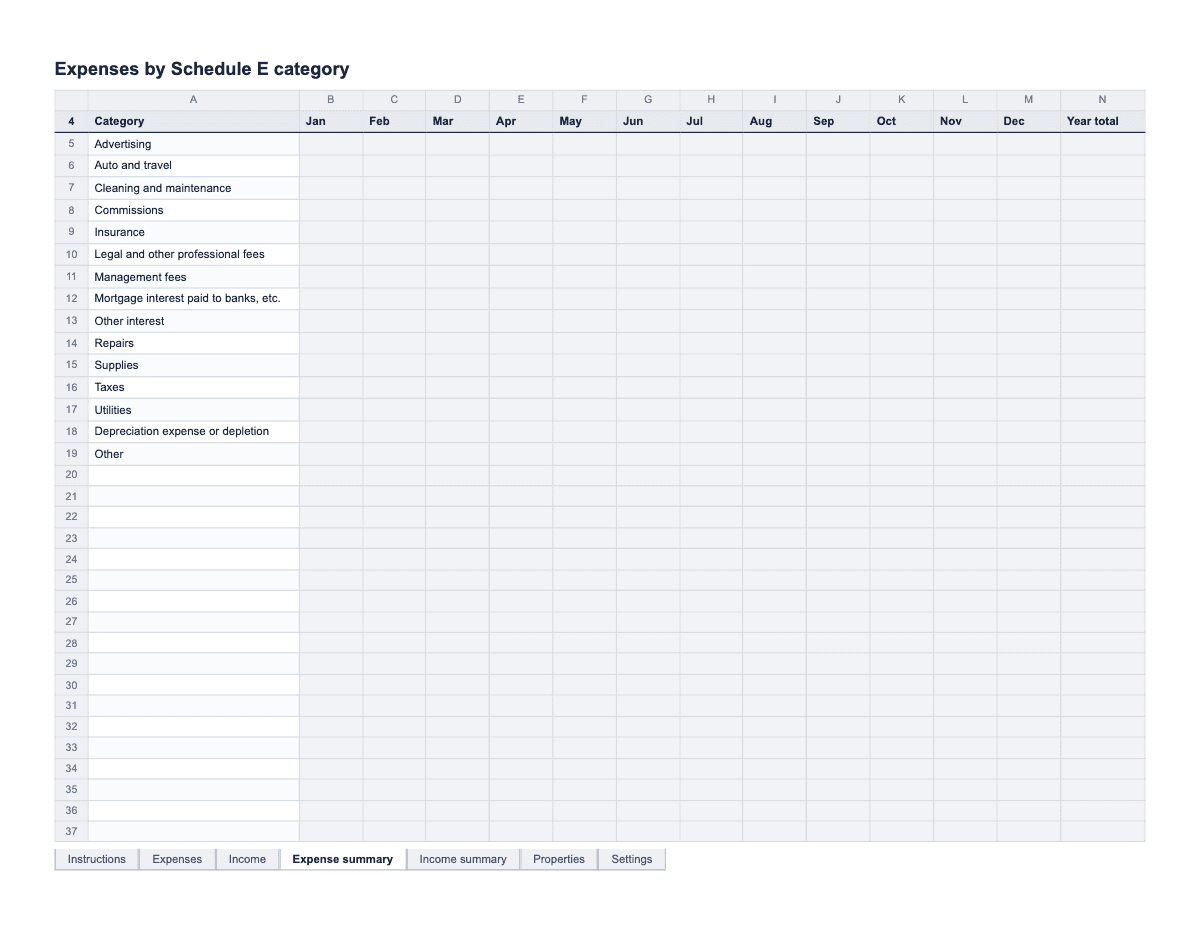 Rental Income and Expense Tracker, Letter spreadsheet preview