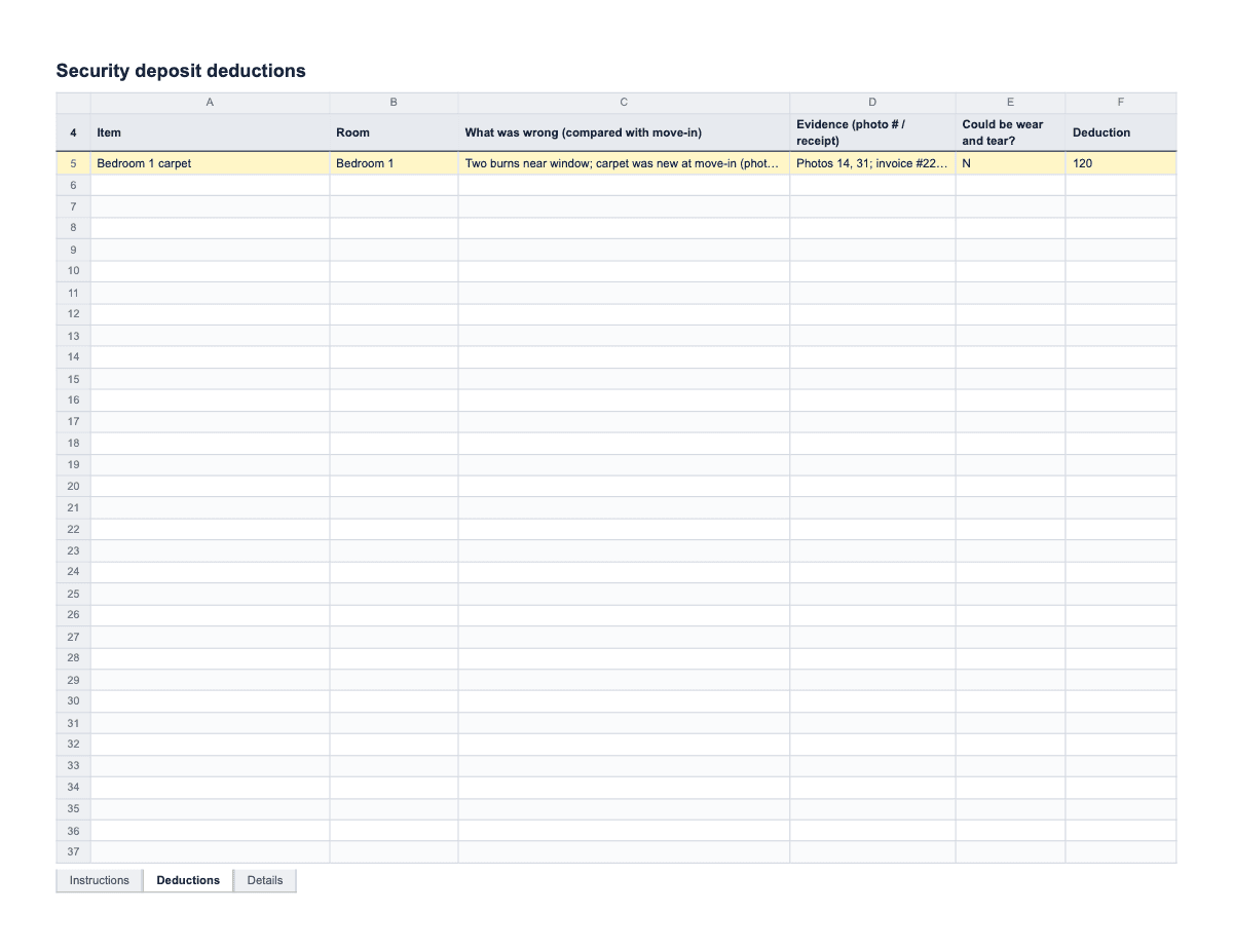 Security Deposit Deduction Sheet and Return Letter, Letter spreadsheet preview