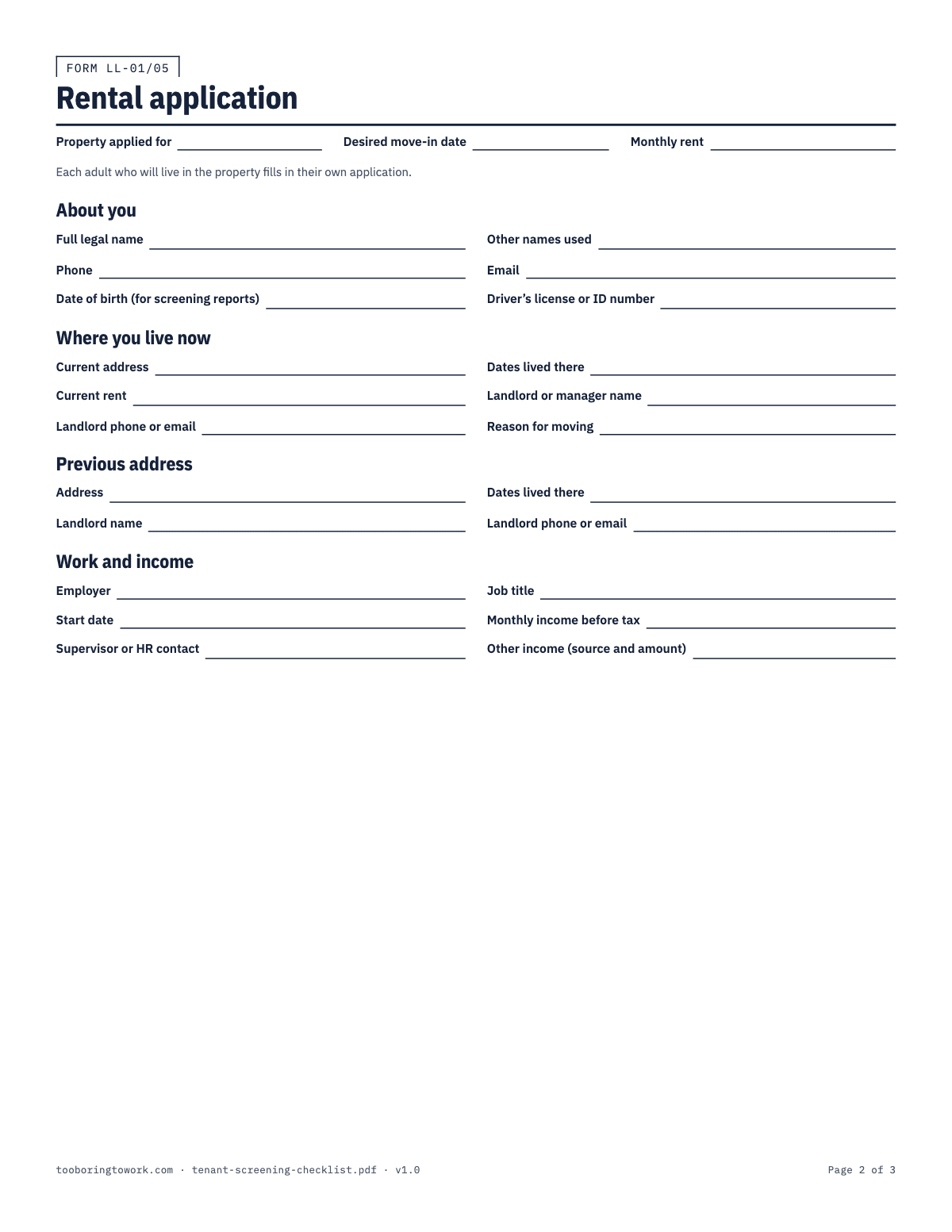 Tenant Screening Checklist and Rental Application, Letter printable PDF preview, page 2