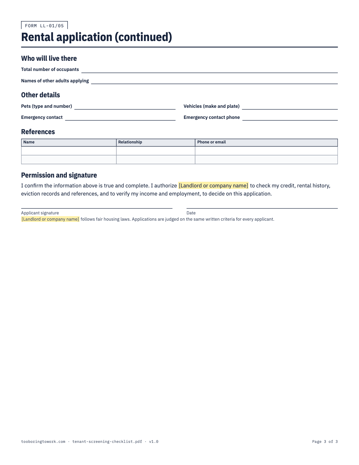 Tenant Screening Checklist and Rental Application, Letter printable PDF preview, page 3