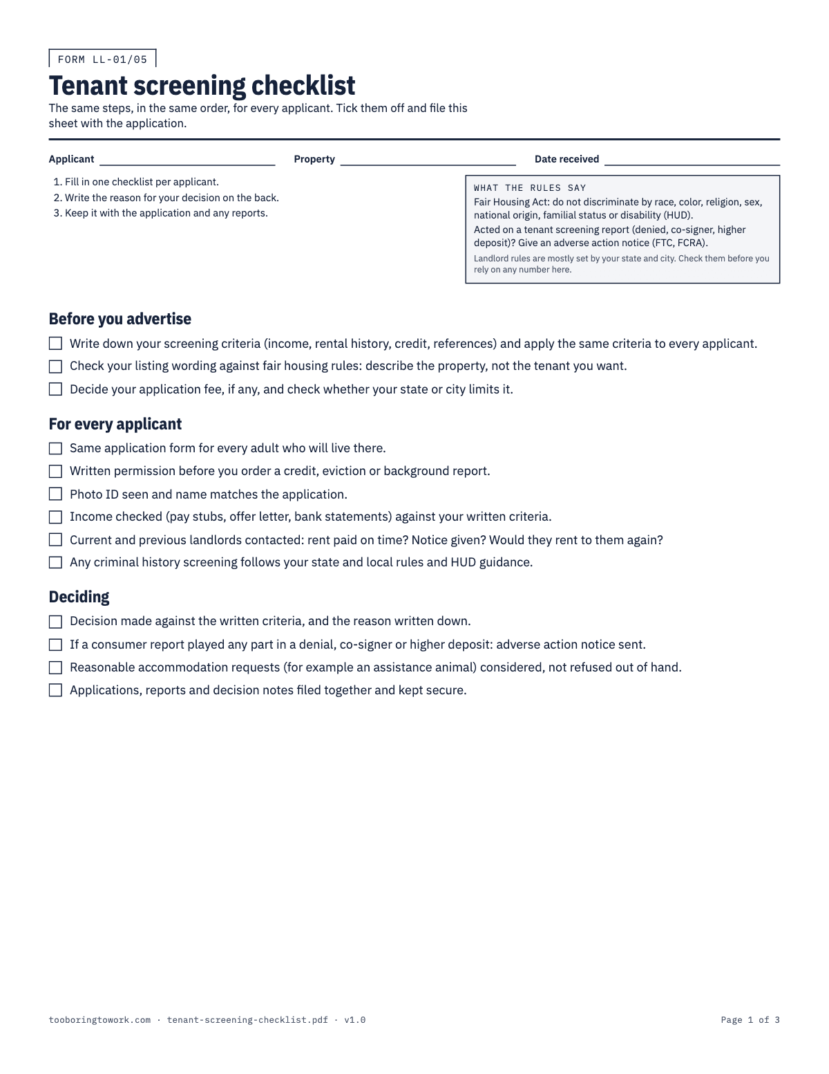 Tenant Screening Checklist and Rental Application, Letter printable PDF preview