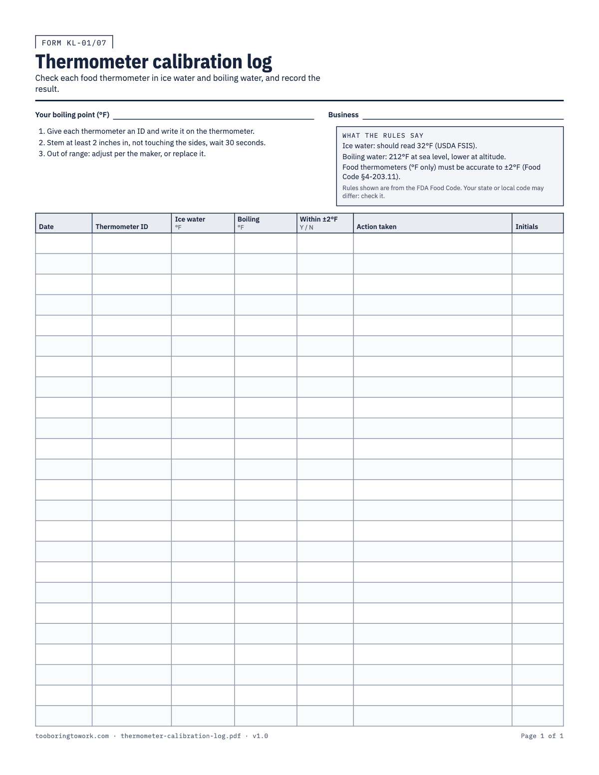 Thermometer Calibration Log, Letter printable PDF preview
