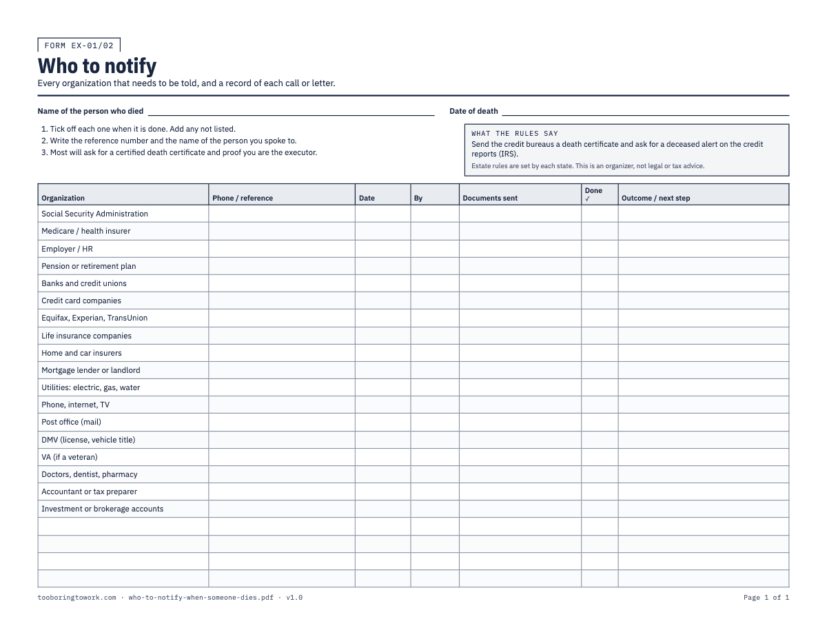 Who to Notify When Someone Dies, Letter printable PDF preview