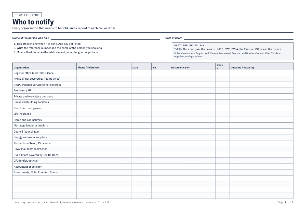 Who to Inform When Someone Dies, A4 printable PDF preview